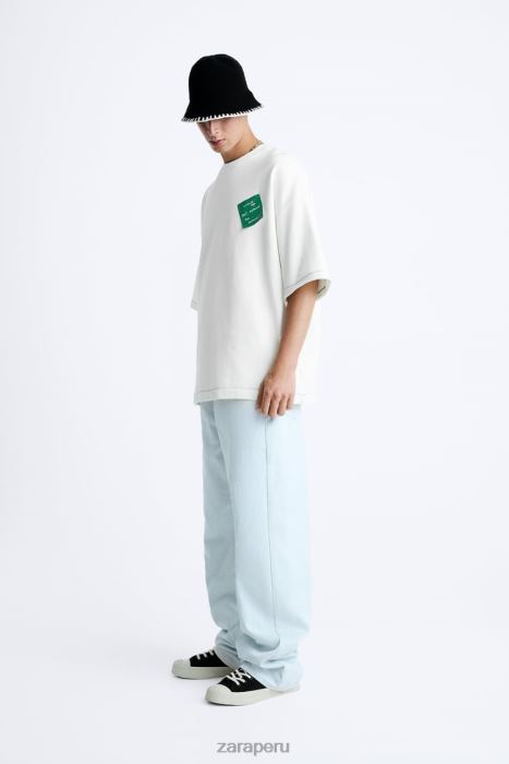 Zara hombres sudadera con parche de papel BDP8J1069 ropa ostra blanca