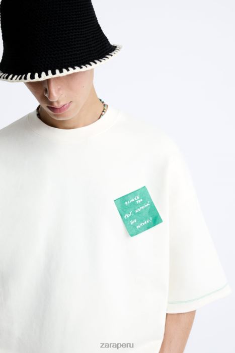 Zara hombres sudadera con parche de papel BDP8J1069 ropa ostra blanca