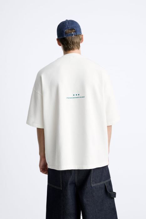 Zara hombres sudadera con texto bordado BDP8J1072 ropa ostra blanca