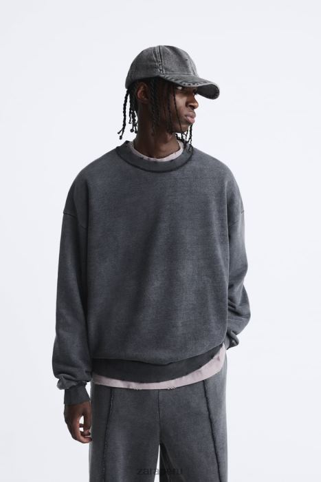 Zara hombres sudadera lavada de color BDP8J1053 ropa antracita oscura
