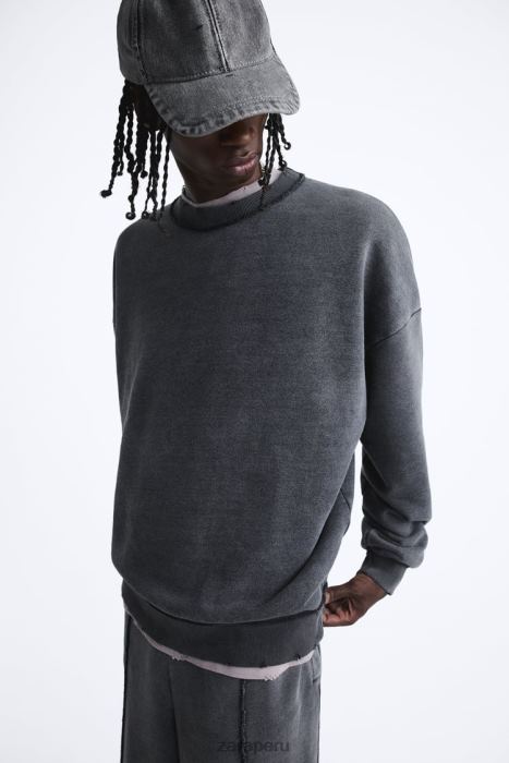 Zara hombres sudadera lavada de color BDP8J1053 ropa antracita oscura