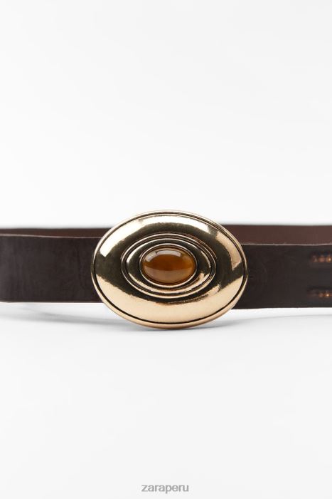 Zara mujer cinturón de cuero con hebilla adornada con piedras BDP8J757 accesorios marrón