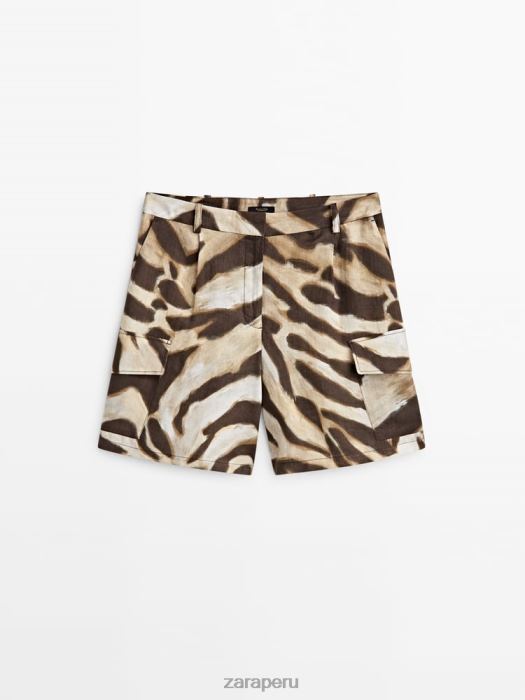 Zara mujer bermudas cargo de lino con estampado animal BDP8J843 ropa marrón