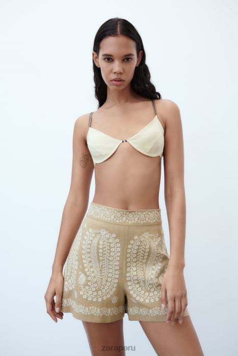 Zara mujer pantalones cortos bordados BDP8J552 ropa marrón topo