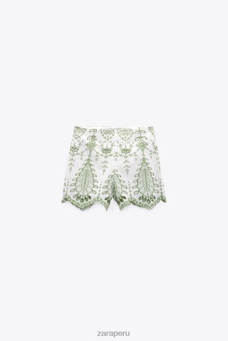 Zara mujer pantalones cortos bordados BDP8J576 ropa verde/crudo