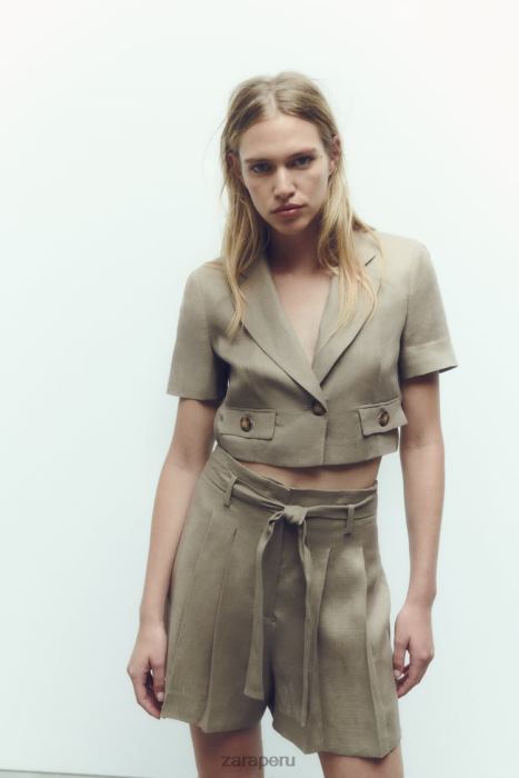 Zara mujer pantalones cortos de lino atados BDP8J616 ropa beige