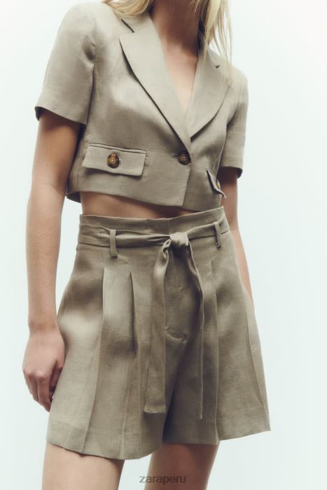 Zara mujer pantalones cortos de lino atados BDP8J616 ropa beige