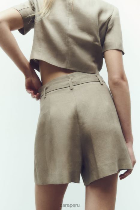 Zara mujer pantalones cortos de lino atados BDP8J616 ropa beige