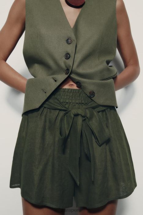 Zara mujer pantalones cortos de lino atados BDP8J627 ropa caqui oscuro