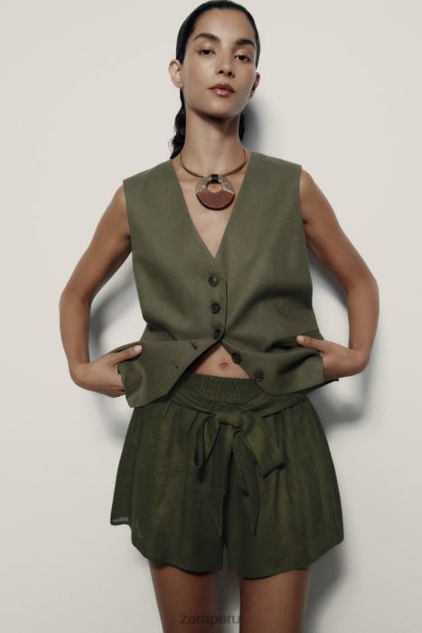 Zara mujer pantalones cortos de lino atados BDP8J627 ropa caqui oscuro