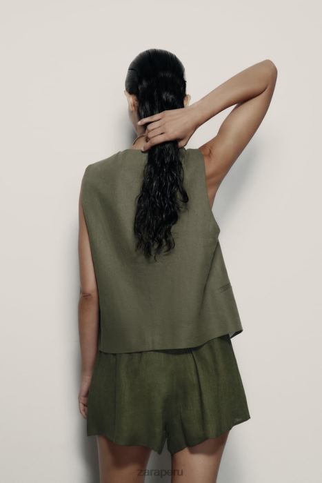 Zara mujer pantalones cortos de lino atados BDP8J627 ropa caqui oscuro