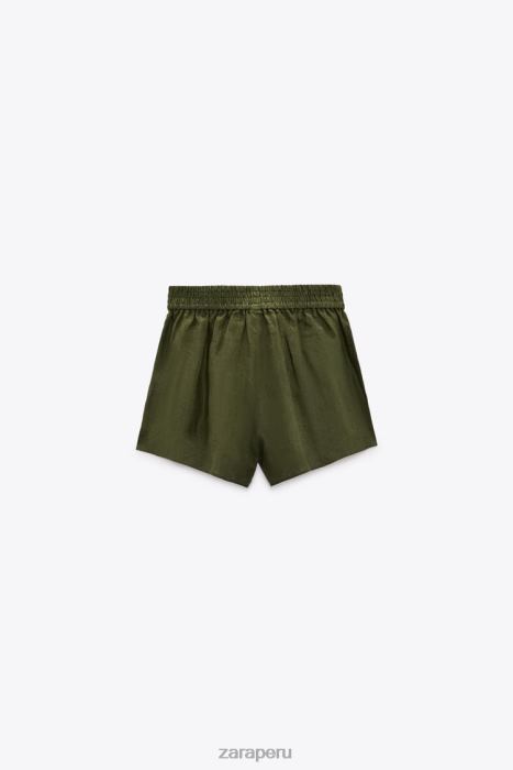 Zara mujer pantalones cortos de lino atados BDP8J627 ropa caqui oscuro