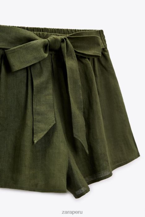 Zara mujer pantalones cortos de lino atados BDP8J627 ropa caqui oscuro