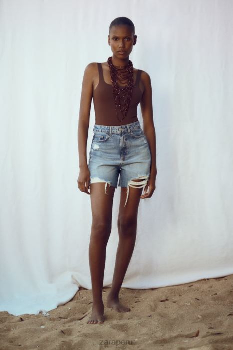 Zara mujer pantalones cortos de mezclilla rasgados z1975 BDP8J555 ropa azul medio