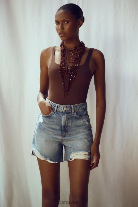 Zara mujer pantalones cortos de mezclilla rasgados z1975 BDP8J555 ropa azul medio