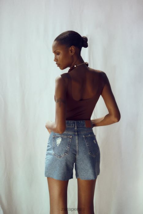 Zara mujer pantalones cortos de mezclilla rasgados z1975 BDP8J555 ropa azul medio