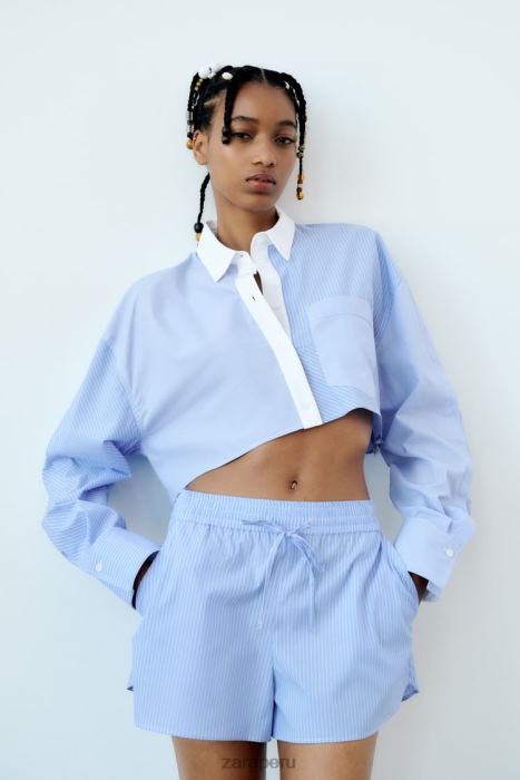 Zara mujer pantalones cortos de popelina a rayas BDP8J590 ropa azul blanco