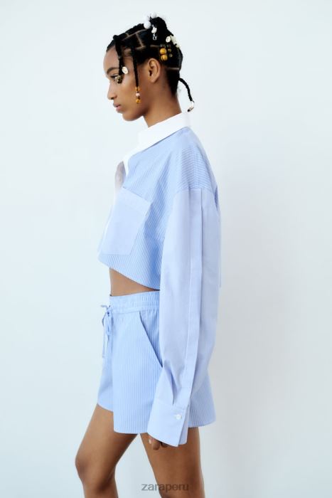 Zara mujer pantalones cortos de popelina a rayas BDP8J590 ropa azul blanco