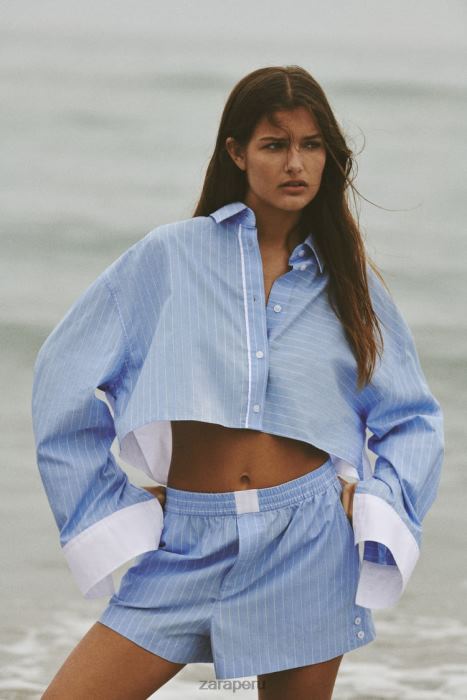 Zara mujer pantalones cortos de popelina a rayas BDP8J602 ropa azul blanco
