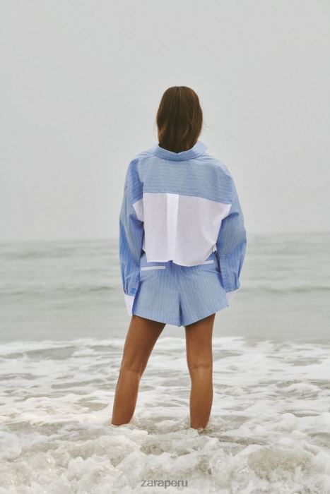 Zara mujer pantalones cortos de popelina a rayas BDP8J602 ropa azul blanco