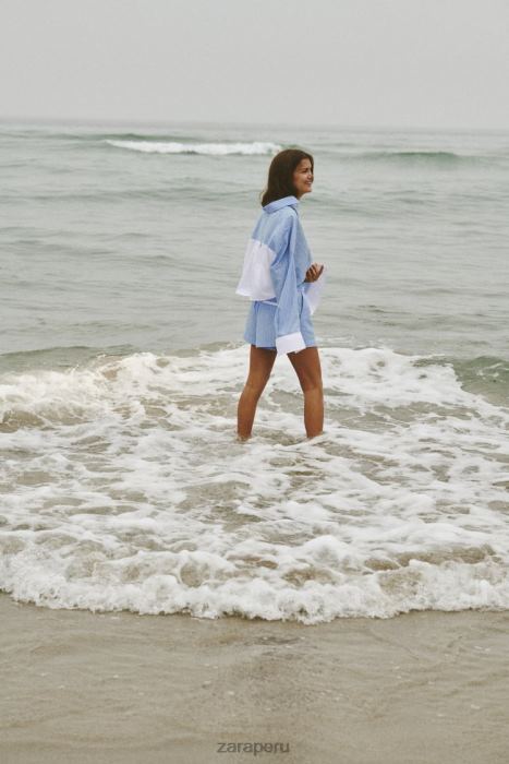 Zara mujer pantalones cortos de popelina a rayas BDP8J602 ropa azul blanco