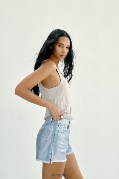 Zara mujer pantalones cortos trf metalizados de talle alto BDP8J594 ropa azul claro