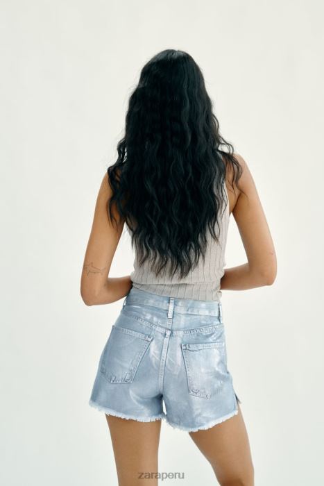 Zara mujer pantalones cortos trf metalizados de talle alto BDP8J594 ropa azul claro