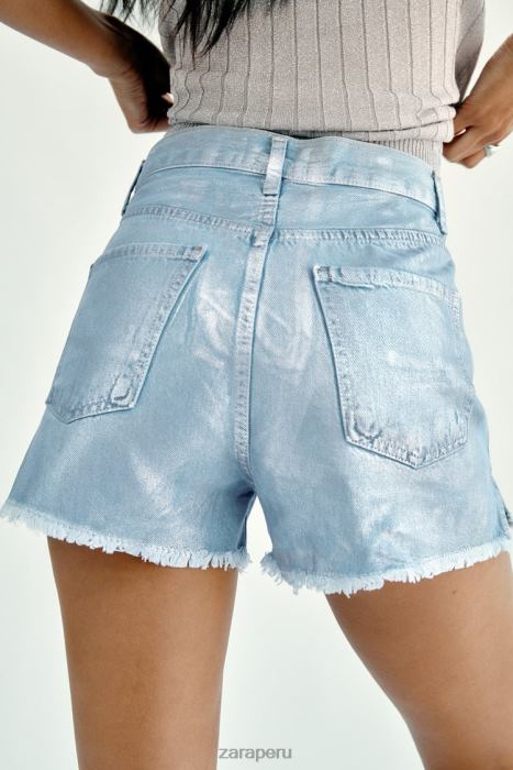 Zara mujer pantalones cortos trf metalizados de talle alto BDP8J594 ropa azul claro