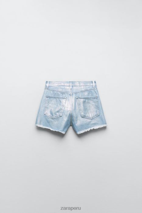 Zara mujer pantalones cortos trf metalizados de talle alto BDP8J594 ropa azul claro