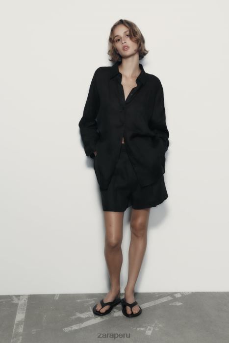 Zara mujer shorts de mezcla de lino de talle alto BDP8J559 ropa negro