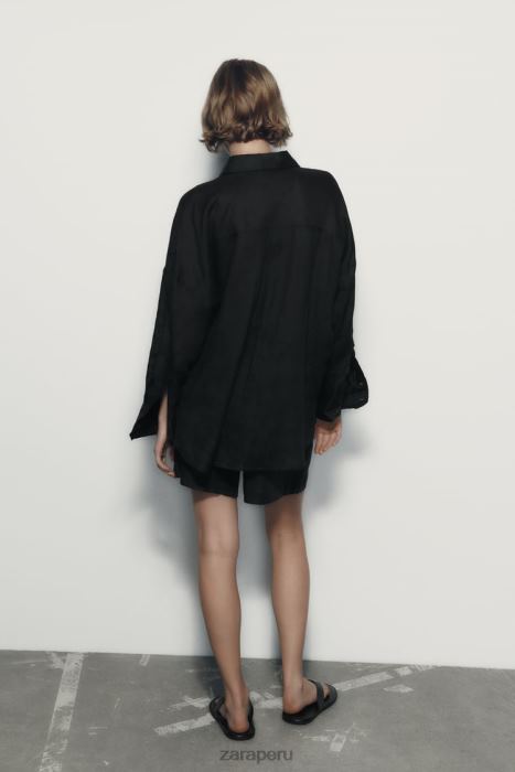Zara mujer shorts de mezcla de lino de talle alto BDP8J559 ropa negro