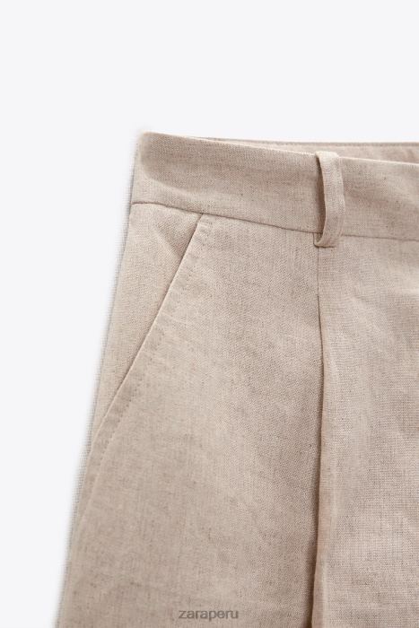 Zara mujer shorts de mezcla de lino de talle alto BDP8J574 ropa beige claro