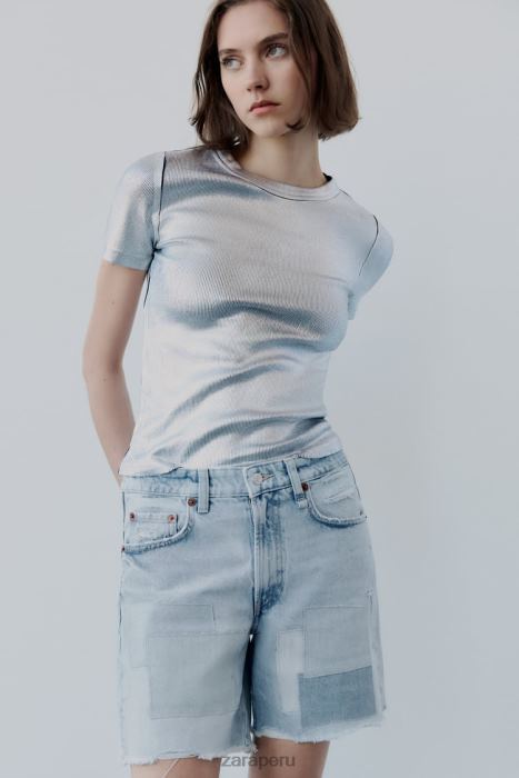 Zara mujer shorts de mezclilla con parches y tiro medio BDP8J587 ropa azul