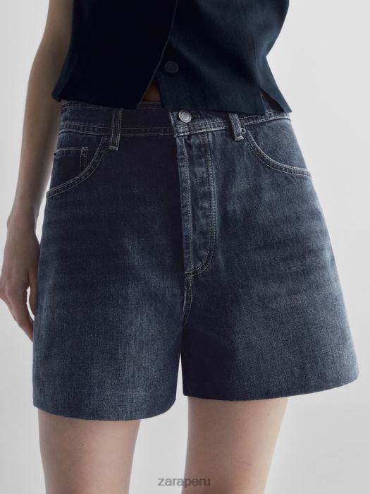 Zara mujer shorts de mezclilla de cintura alta con bolsillo de cuero BDP8J865 ropa azul medio