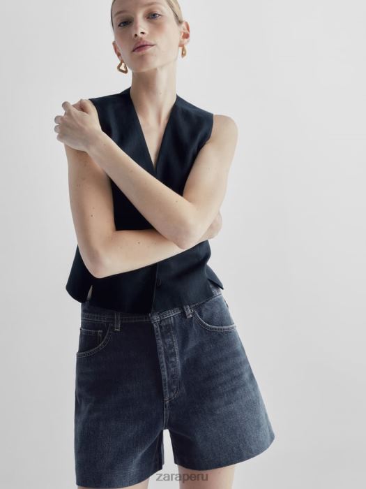 Zara mujer shorts de mezclilla de cintura alta con bolsillo de cuero BDP8J865 ropa azul medio