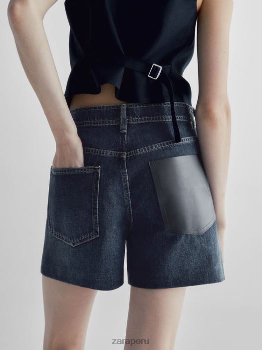 Zara mujer shorts de mezclilla de cintura alta con bolsillo de cuero BDP8J865 ropa azul medio