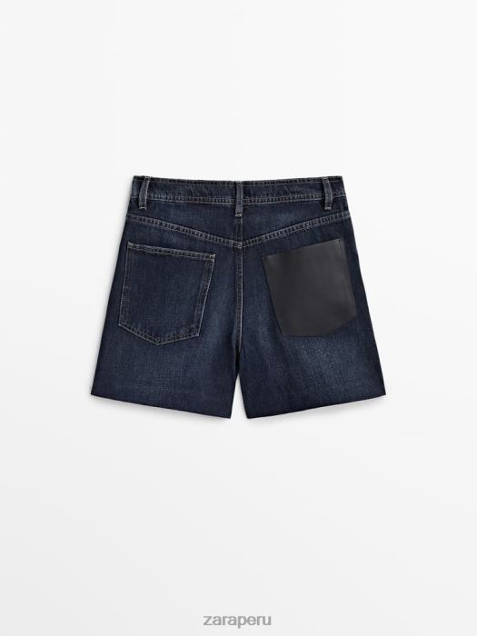 Zara mujer shorts de mezclilla de cintura alta con bolsillo de cuero BDP8J865 ropa azul medio