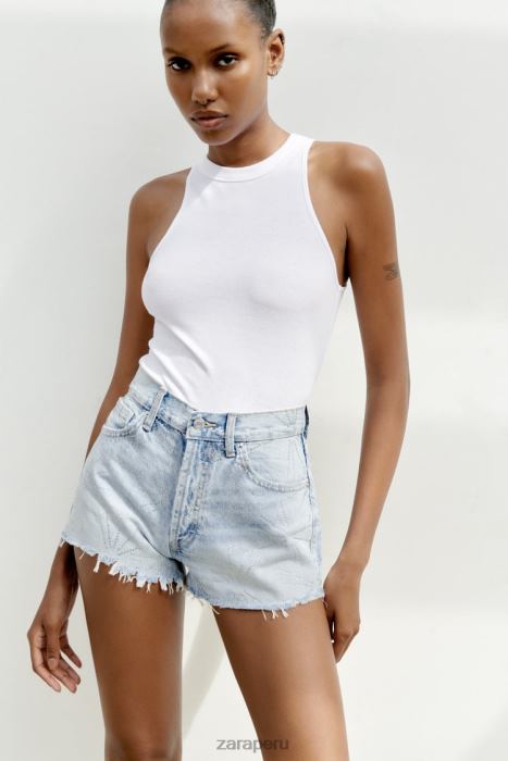 Zara mujer shorts de mezclilla trf de talle medio con diamantes de imitación BDP8J575 ropa azul claro