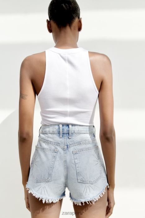 Zara mujer shorts de mezclilla trf de talle medio con diamantes de imitación BDP8J575 ropa azul claro