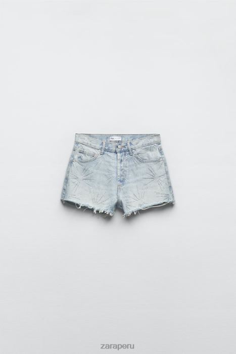 Zara mujer shorts de mezclilla trf de talle medio con diamantes de imitación BDP8J575 ropa azul claro