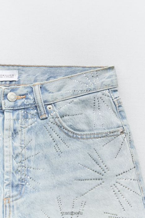 Zara mujer shorts de mezclilla trf de talle medio con diamantes de imitación BDP8J575 ropa azul claro