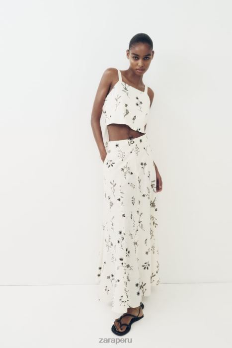 Zara mujer falda en mezcla de lino bordada BDP8J671 ropa crudo