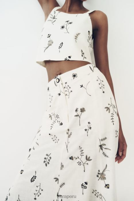 Zara mujer falda en mezcla de lino bordada BDP8J671 ropa crudo