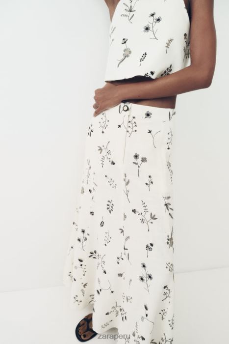 Zara mujer falda en mezcla de lino bordada BDP8J671 ropa crudo