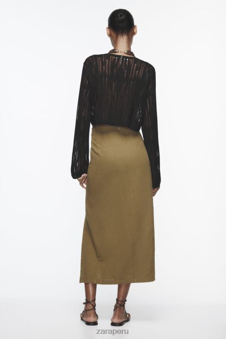 Zara mujer falda midi de mezcla de lino con botones BDP8J684 ropa oliva oscuro