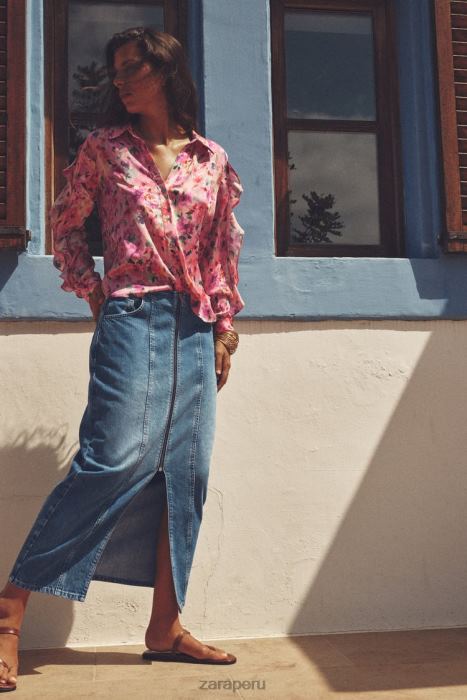 Zara mujer falda midi de mezclilla con cremallera z1975 BDP8J670 ropa azul medio