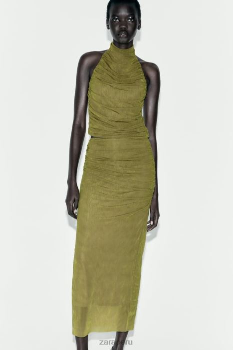 Zara mujer falda midi de organza fruncida BDP8J692 ropa verde claro