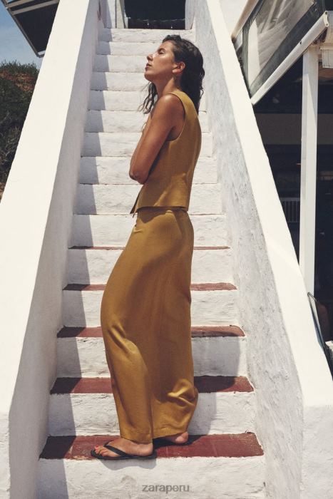 Zara mujer falda midi en mezcla de lino BDP8J666 ropa verde oliva