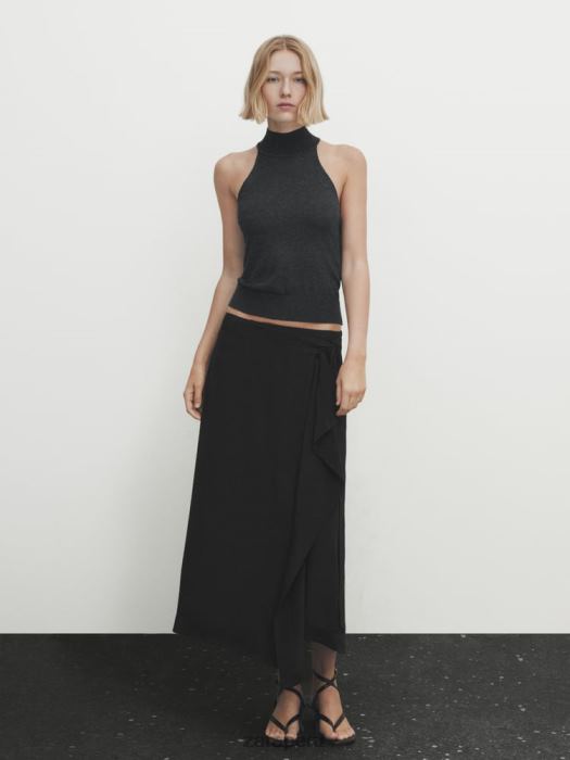 Zara mujer falda midi fluida en contraste BDP8J844 ropa negro