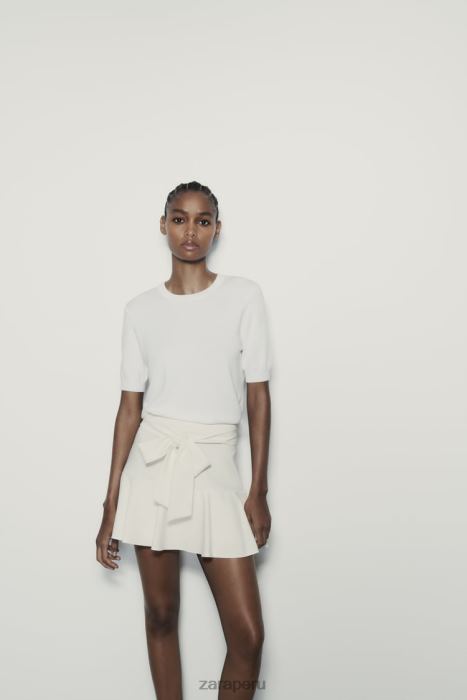 Zara mujer falda pantalón con ribete de lazo BDP8J560 ropa ostra blanca